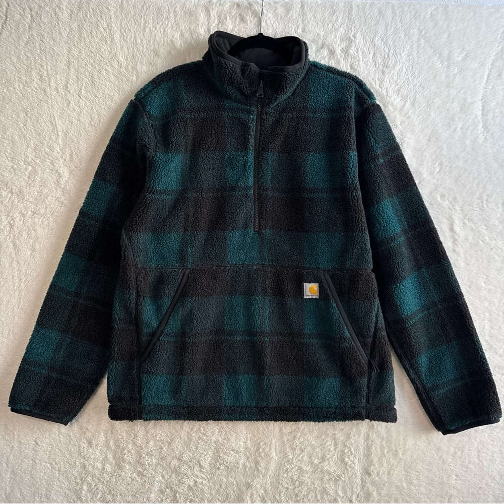 Carhartt Black and Teal Buffalo Plaid Sherpa Half-Zip Pullover
